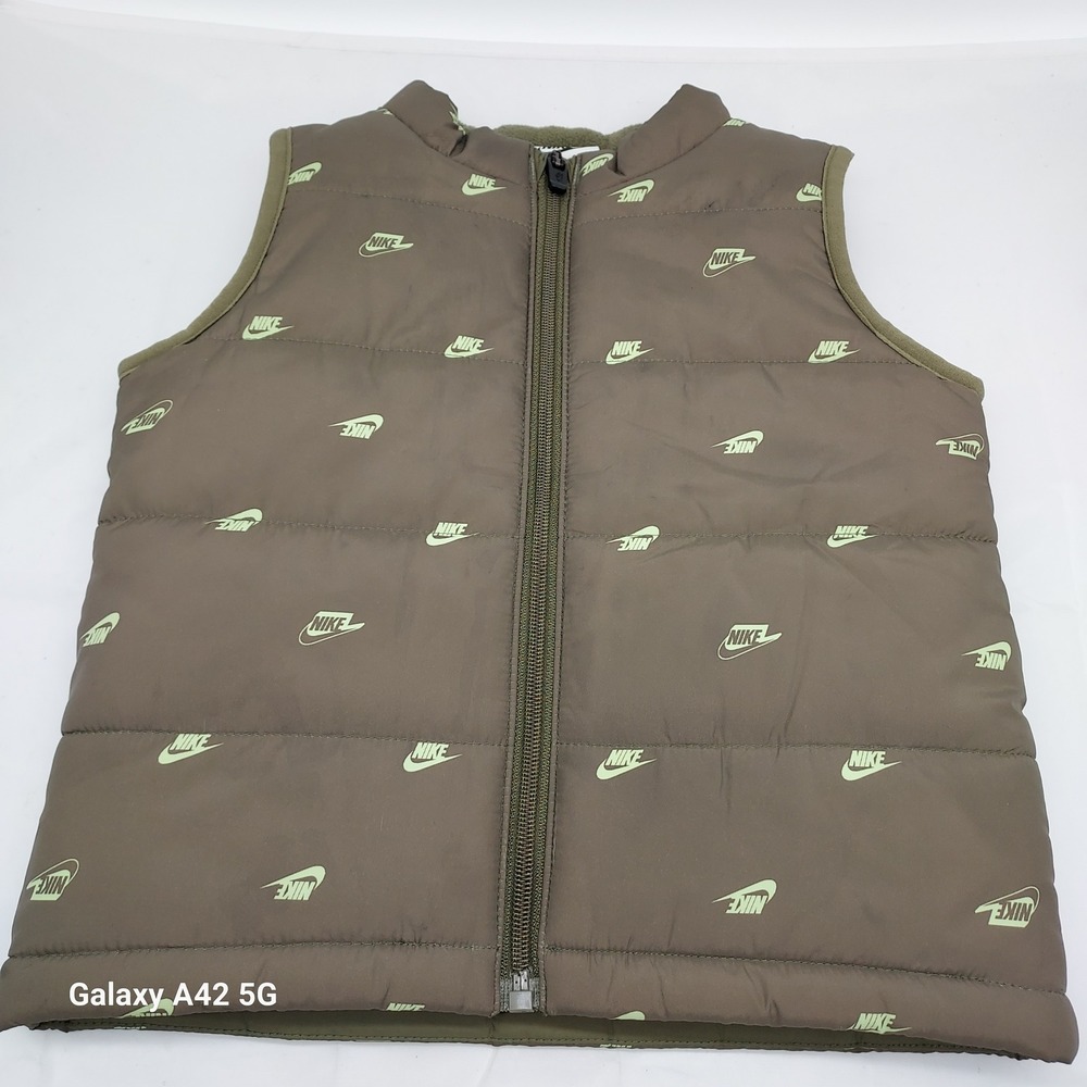 Nike Toddler Puffer Vest Olive Brown Neon Green Logo Print Full Zip 24M L644-E6F - Picture 1 of 5